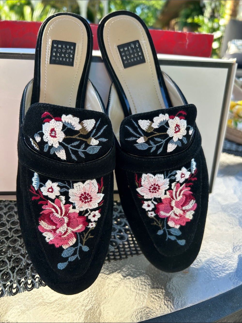 White House Black Market Black Velvet Embroidered Floral Mules